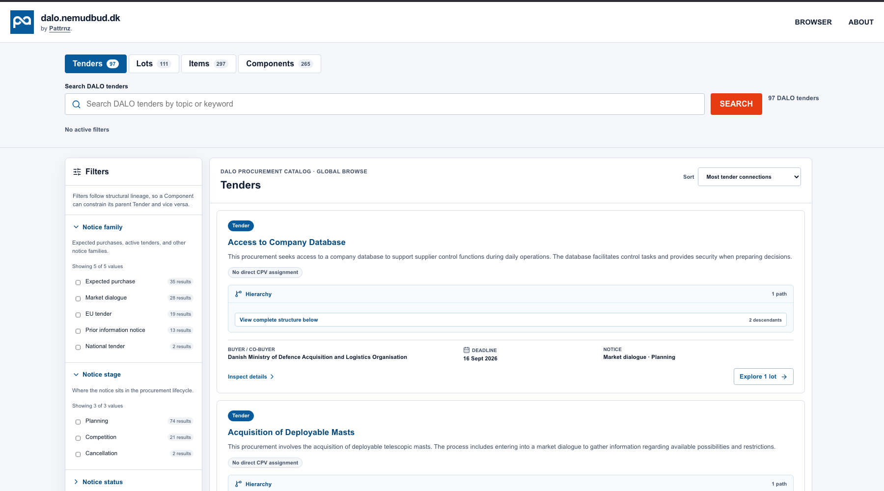 dalo.nemudbud.dk DALO procurement catalog showing filters, cards, and notice details